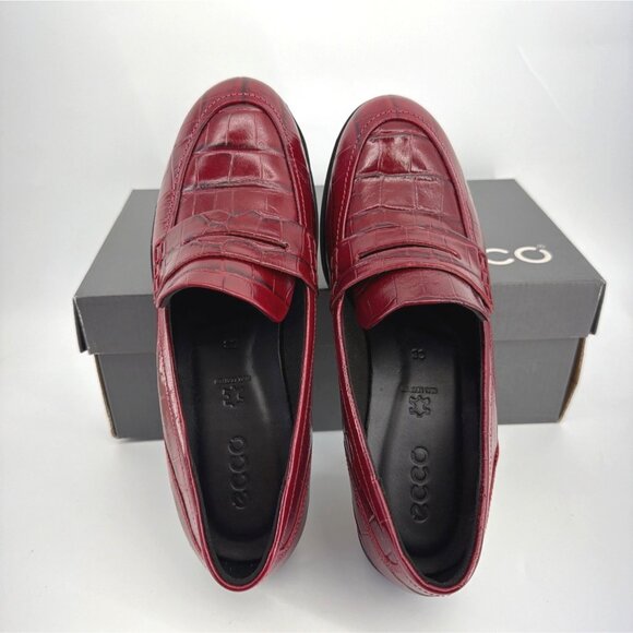 Ecco Shoes - ECCO Crocodile Embossed Penny Loafers Chunky Heel Red Leather Women Size 38